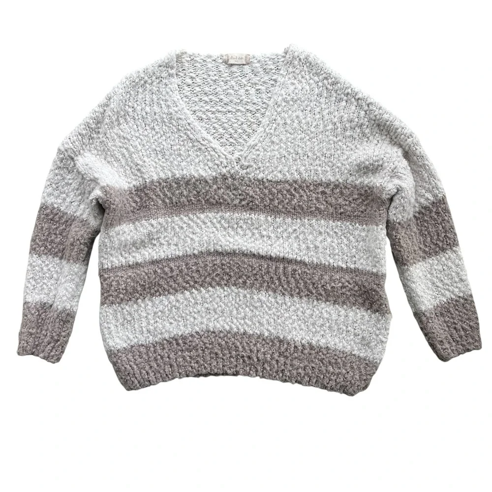 Altar'd State Womens M Cream Taupe Striped Popcorn Knit V-Neck Sweater Boho Cozy